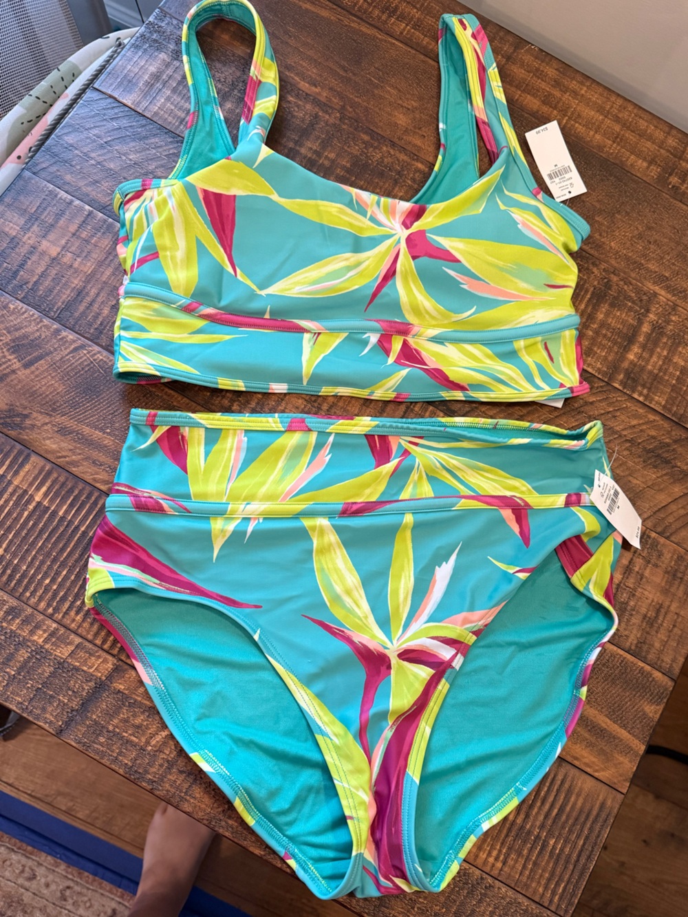 Turquoise Tropical Print High-Waist Bikini Set